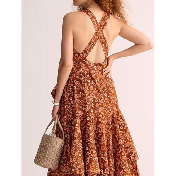 J. Crew Collection Cross Back Ruffle Hem Midi Dress Pecan Vintage Vines 10 NWT! - Picture 4 of 16